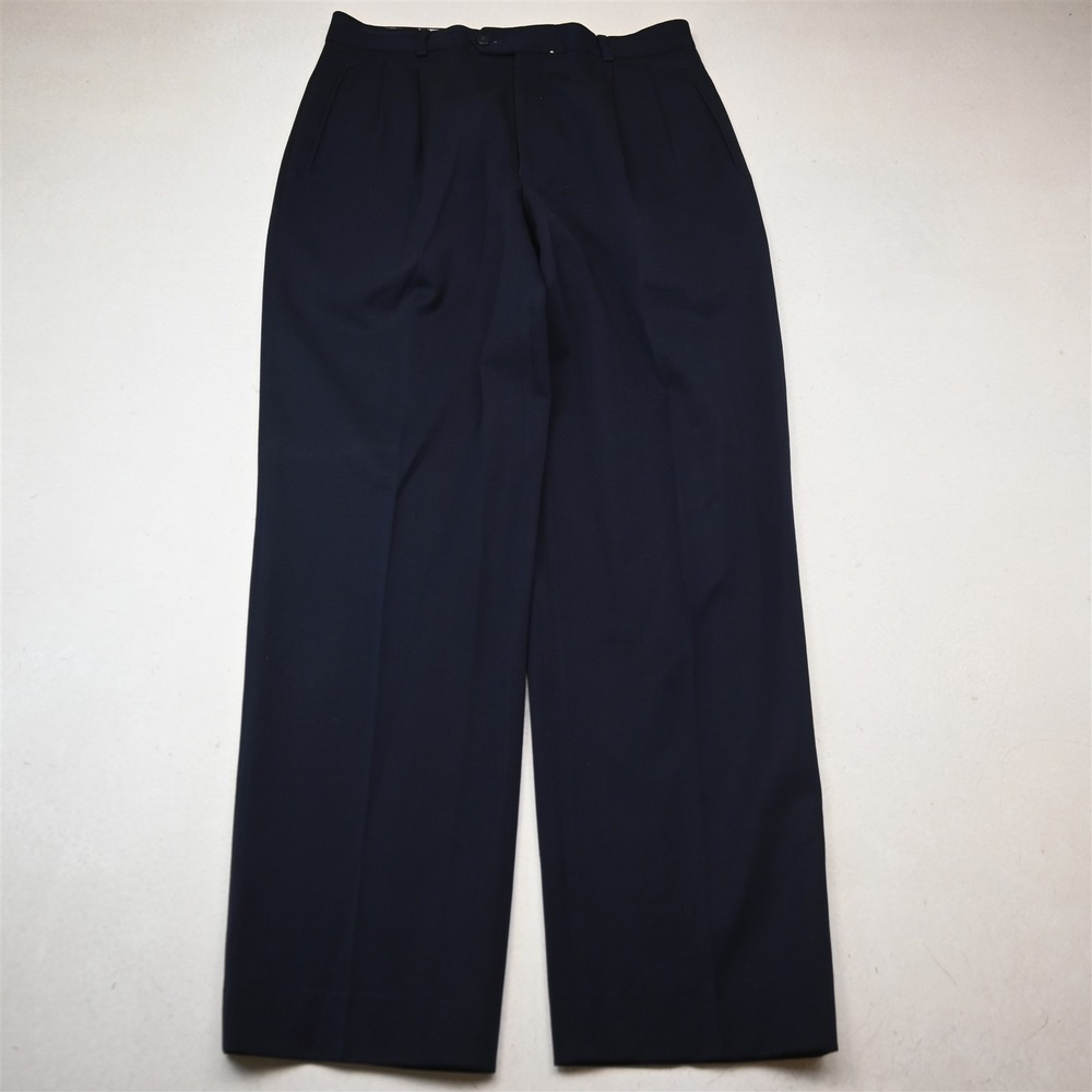 Vtg Y2K 2000s 32x30 Navy Blue 100% Wool High Waist Pleated Baggy Dress Pants